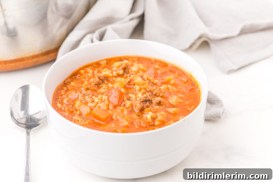A bowl of hearty hamburger rice soup.