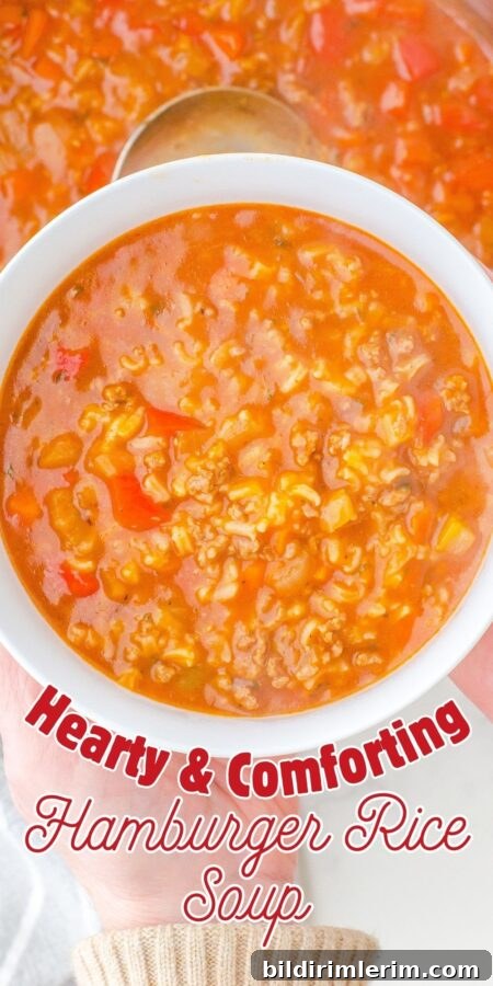 A woman holding a bowl of hamburger rice soup