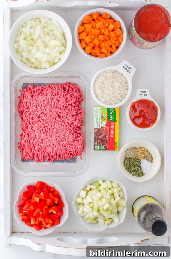 Ingredients needed for hamburger rice soup.