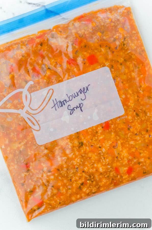 Hamburger Rice Soup in a ziptop freezer bag ready to be frozen.
