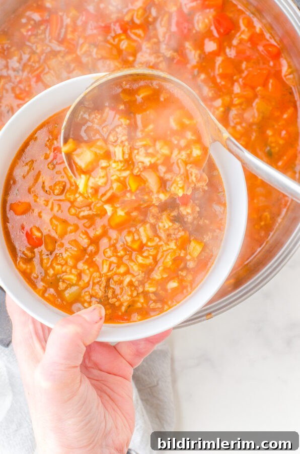 A bowl of hamburger rice soup being dished up.