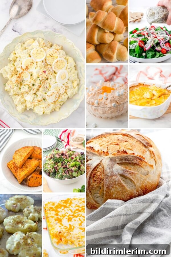 A collage of sidedishes that can be served with meatloaf including potato salad, dinner buns, orange fluff salad, spinach salad, scalloped potatoes, sweet potatoes, broccoli salad, smashed potatoes, cheesy hash brown potatoes, and sour dough bread.