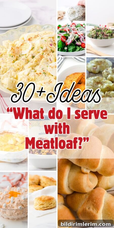 Collage of meatloaf sidedishes including potato salad, spinach salad, sweet potatoes, broccoli salad, smashed potatoes, scalloped potatoes, baked beans, orange fluff salad, baking powder biscuits, and dinner buns.