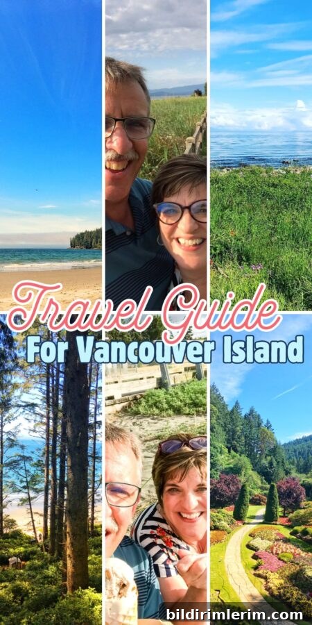 A collage of places to visit on Vancouver Island - including China Beach, Parksville Community Part, Campbell River Seawalk, and Butchart Gardens.