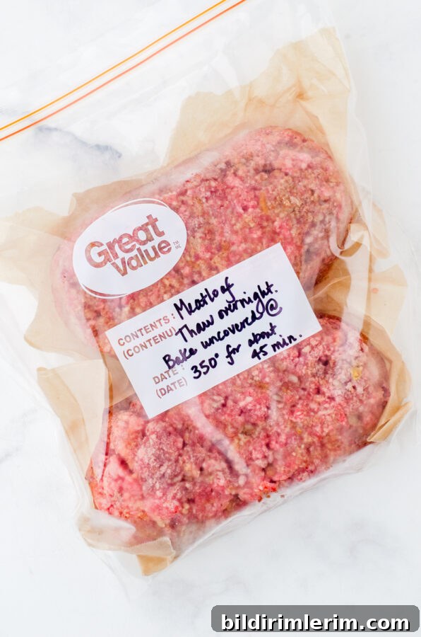 Classic Lipton Onion Soup Meatloaf Recipe for Comforting Dinners 5 2 frozen meatloaves in a zip top freezer bag with label on the front.