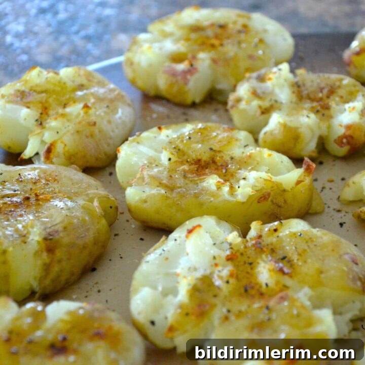 Crispy Smashed Potatoes Recipe with Garlic and Herbs 9 Baked smashed potatoes on a baking tray