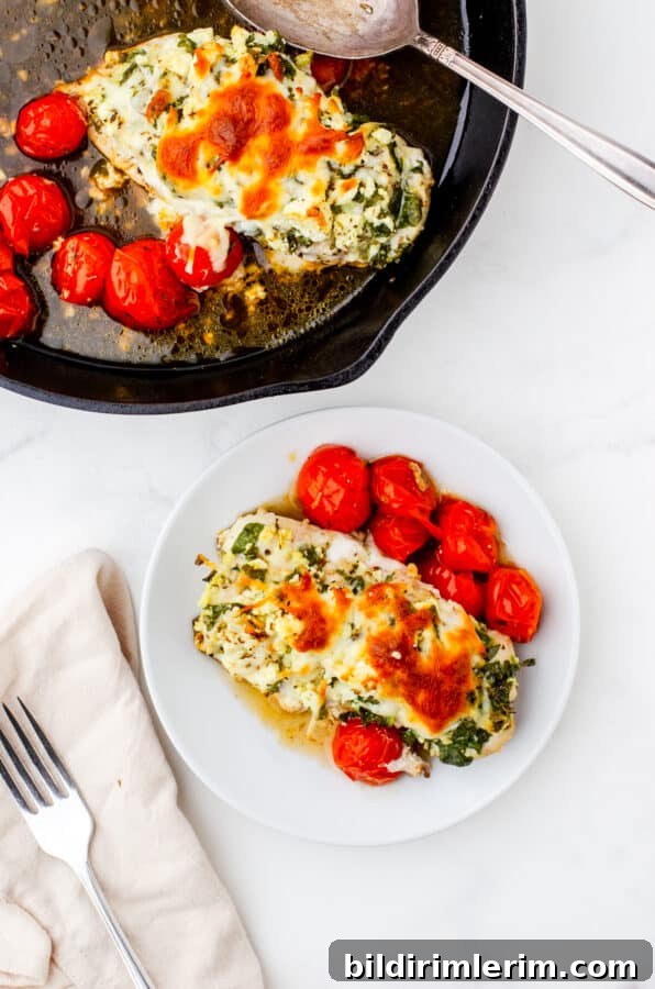 Plated spinach & feta hasselback chicken with roasted tomatoes