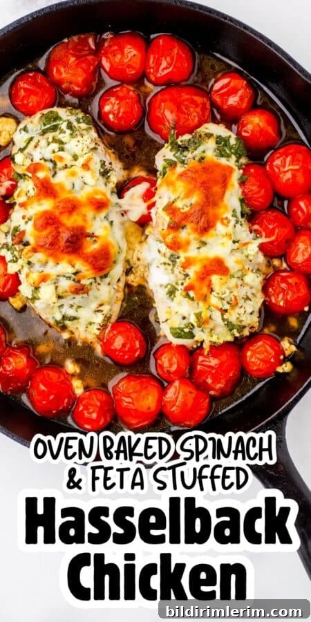 Side view of hasselback chicken and roasted tomatoes