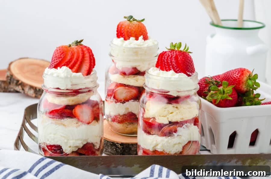 Mason jar strawberry shortcakes on a tray