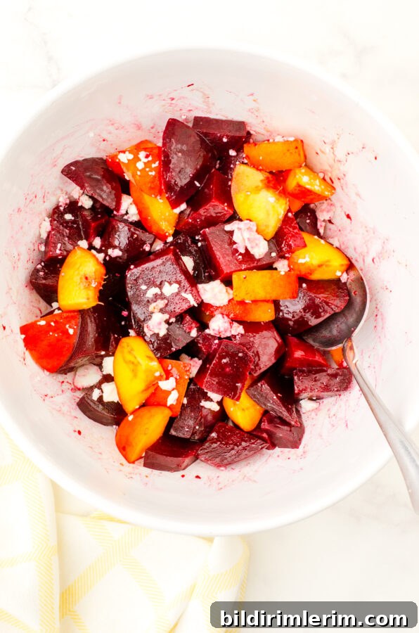 Bowl of beet & peach salad.