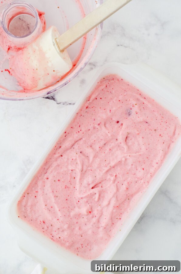 Homemade Strawberry Banana Frozen Yogurt in a Food Processor 5 Homemade frozen yogurt spread into a loaf pan