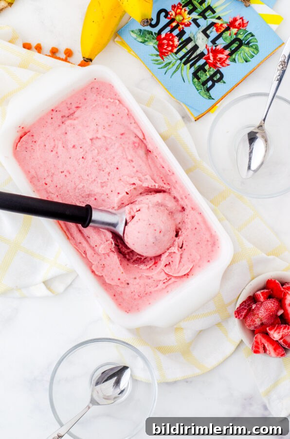 Homemade Strawberry Banana Frozen Yogurt in a Food Processor 6 Frozen yogurt being scooped out of a loaf pan
