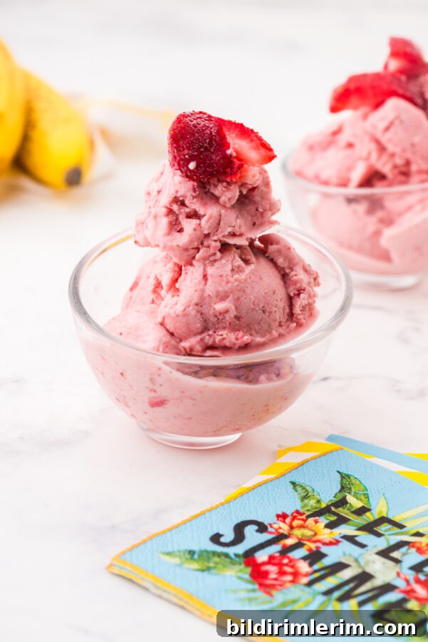 Homemade Strawberry Banana Frozen Yogurt in a Food Processor 7 Bowl of frozen yogurt with a strawberry on top