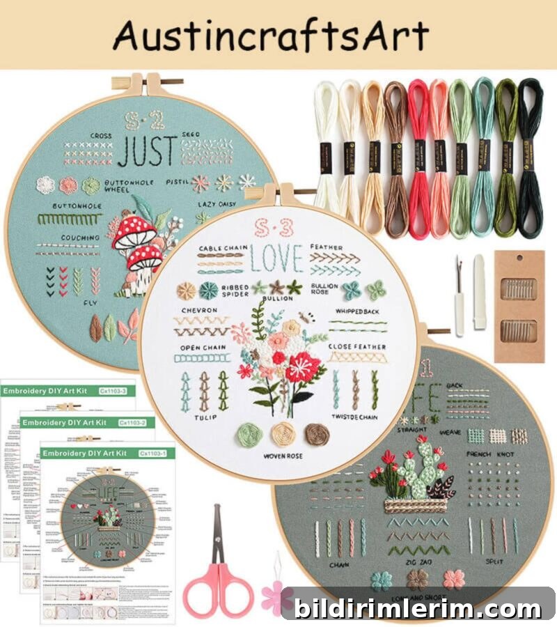 a set of three embroidery samplers with everything that is included in the kit