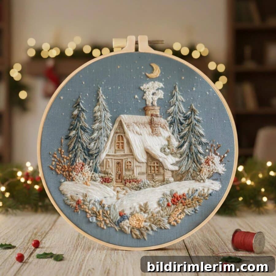 An embroidery design with a cottage and trees perfect for winter or christmas.