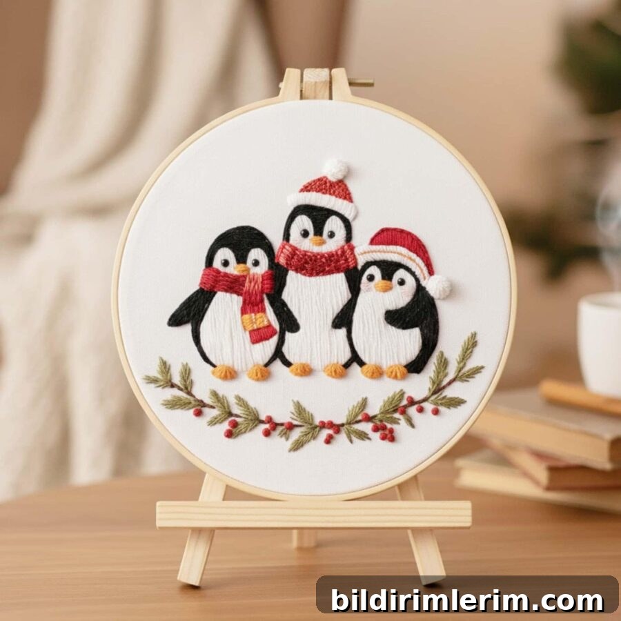 An embroidery piece featuring 3 penguins