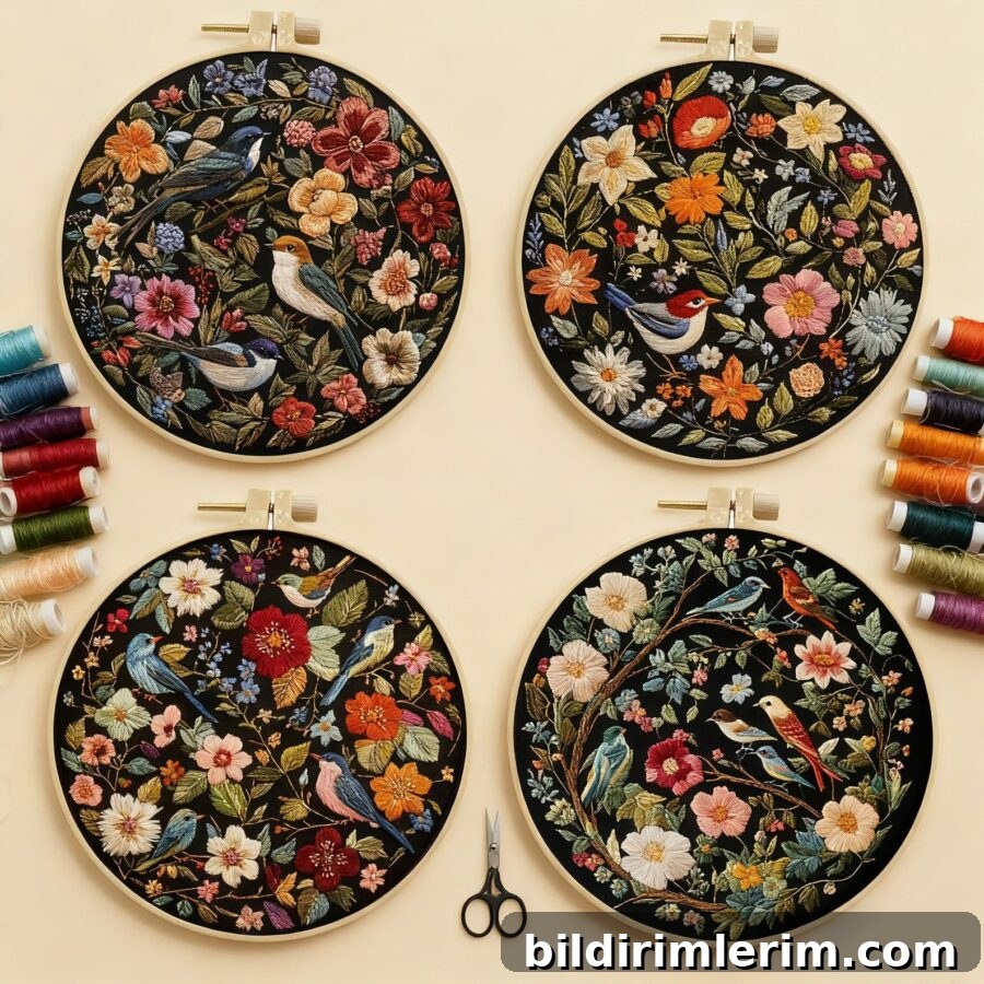 embroidery designs of birds and flowers stitched on black fabric.