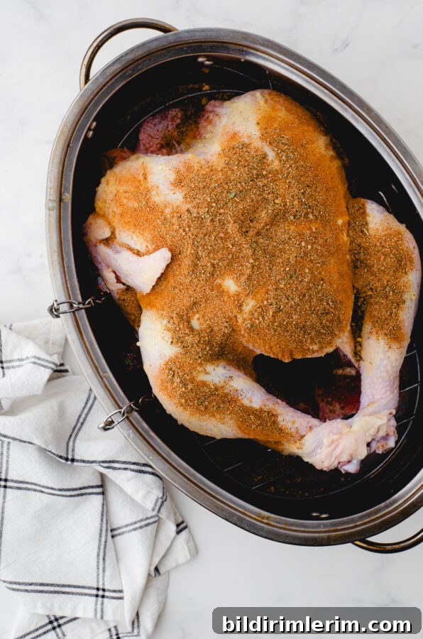 Whole turkey in roasting pan with spice rub on it.