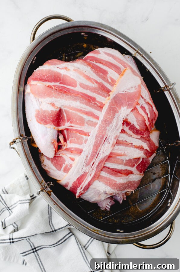 Whole turkey in roasting pan covered with strips of bacon