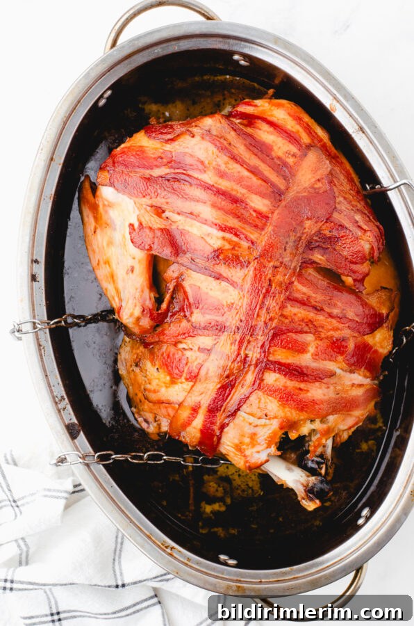 Roasted whole turkey with crispy bacon covering it in a roasting pan.