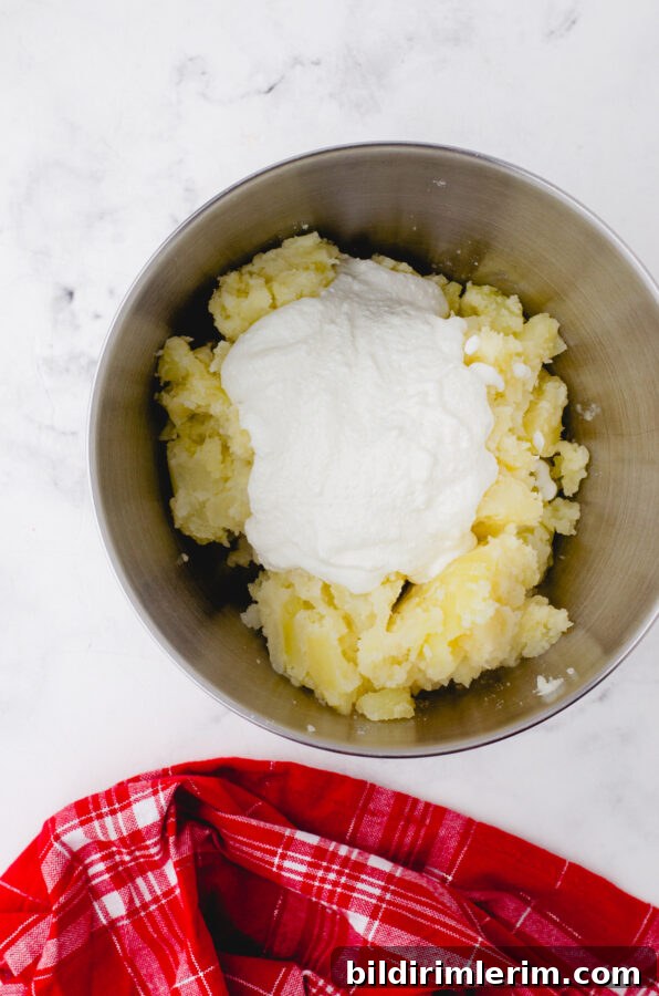 Creamy Whipped Mashed Potatoes with Cottage Cheese 7 Pureed cottage cheese on partially mashed potatoes in a mixing bowl.