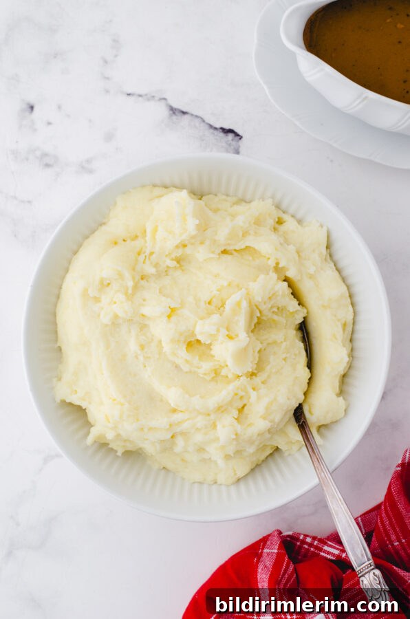 Creamy Whipped Mashed Potatoes with Cottage Cheese 9 Whipped potatoes in a serving bowl with gravy beside.