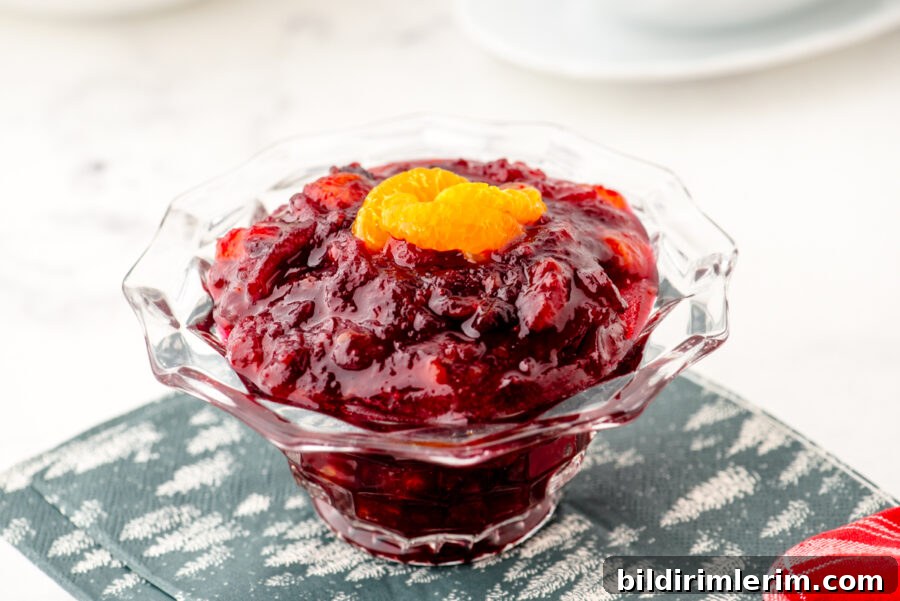 Homemade Cranberry Sauce with Mandarin Oranges 2 A bowl of cranberry sauce with mandarin oranges on a holiday table
