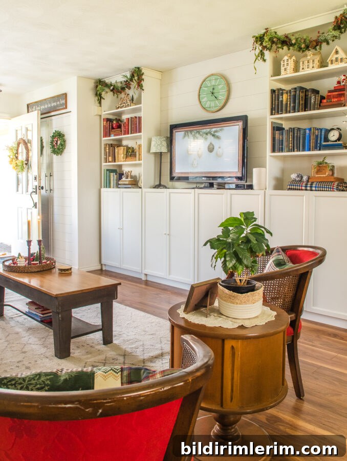 Bookcases decorated for Christmas