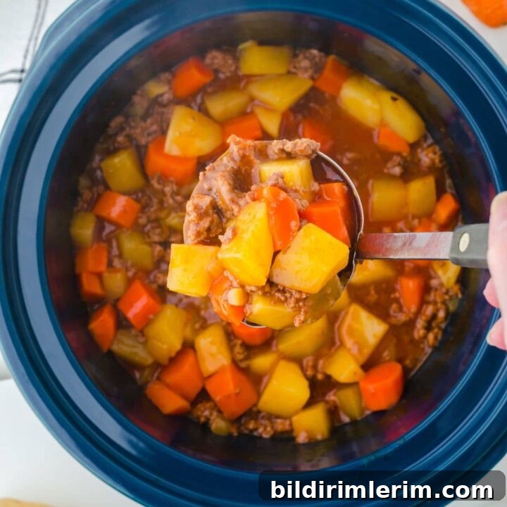 A ladle full of hamburger stew being served out of a crock pot