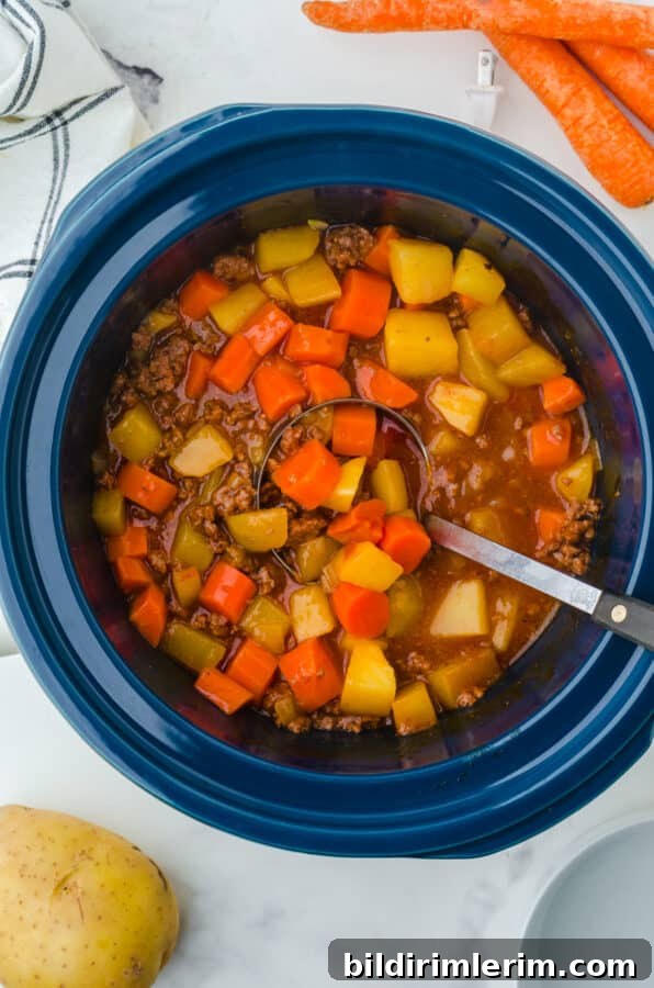 Slow Cooker Hamburger Stew Recipe 5 A crock pot full of cooked hamburger stew with some carrots and potatoes sitting beside it.