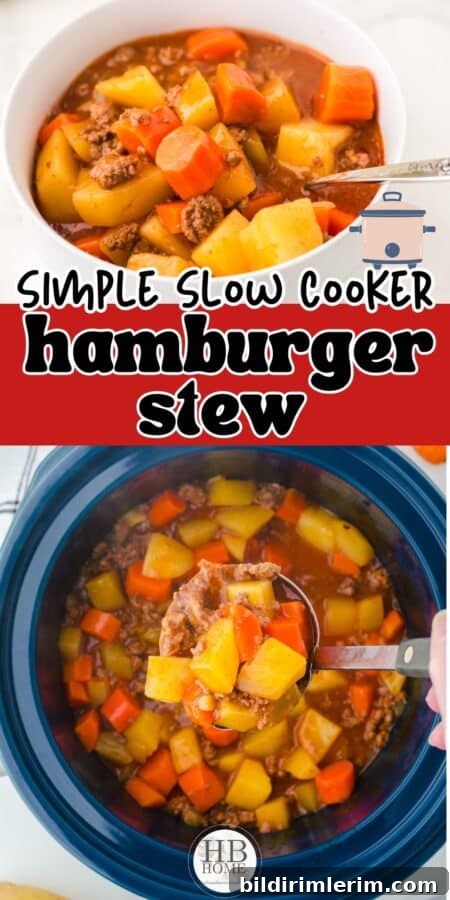 Slow Cooker Hamburger Stew Recipe 7 Collage of hamburger stew - one picture is it being ladled out of a crock pot. The other picture is a bowl full of hamburger stew.