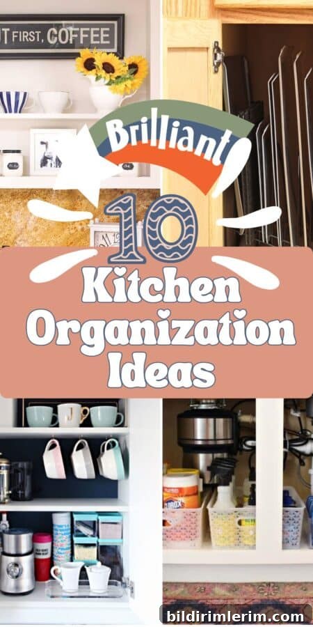 collage of kitchen organization ideas with the text 10 Brilliant Kitchen Organization Ideas - a Pinterest Pin
