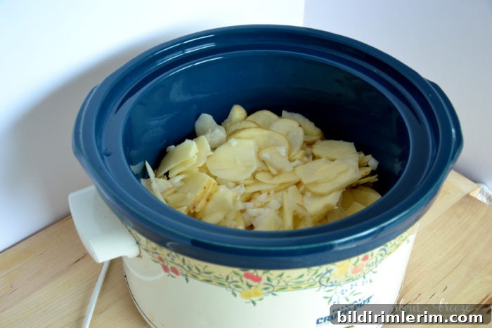layer of potatoes and onion in a crockpot