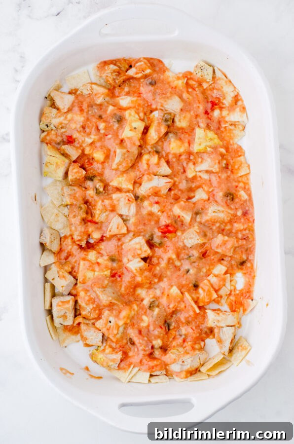 Cheesy One-Pan Mexican Chicken Casserole 7 Salsa mixture poured over chicken and tortilla layers for Mexcian Chicken Casserole.