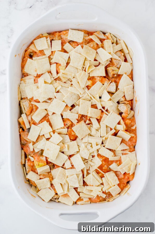 Cheesy One-Pan Mexican Chicken Casserole 8 Layered Mexican Chicken Casserole with cut up tortillas on the top.