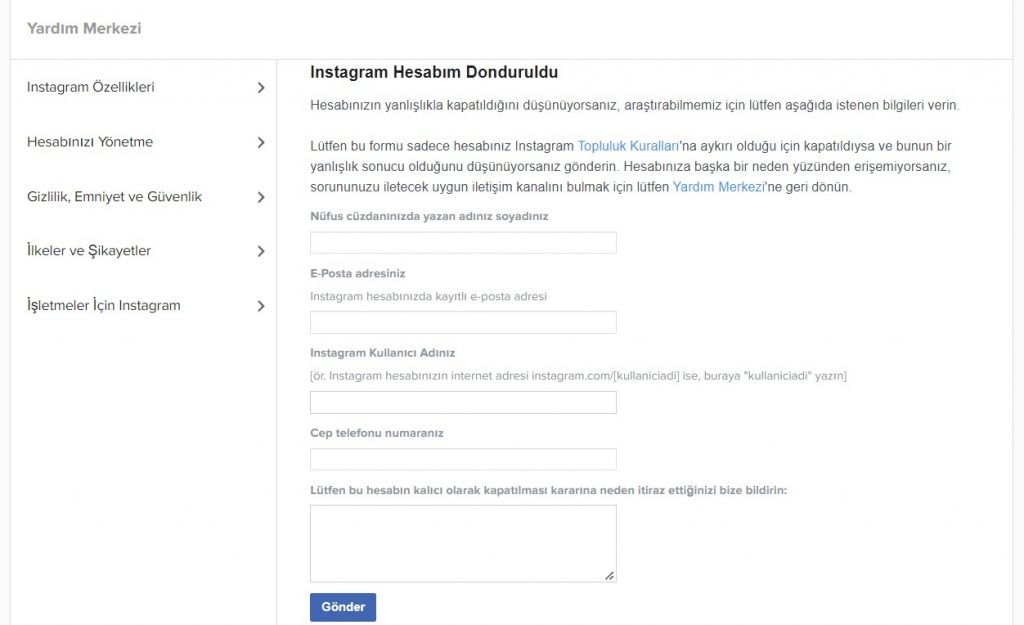 Instagram Kapanan Hesabı Açma Formu